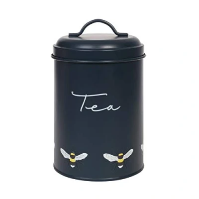 Image of Sophie Allport Bees Tea Canister, Storage Tin, Galvanised Steel, 15cm High, Navy Blue, Kitchen Accessories