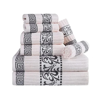 Image of Superior 8 Piece Cotton Towel Set, Decorative Greek Pattern, Home Essentials, Absorbent Towels, Decor for Bathroom, Spa, Includes 2 Hand, Face and 4 Bath Athens Collection, Grey