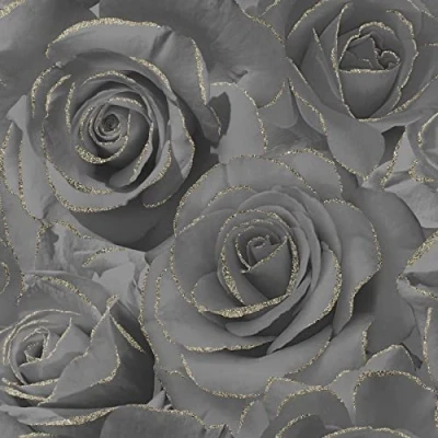 Image of SOPHIE LAURENCE Floral Bloom Glitter Detail Roses Wallpaper (Full Roll, Black)