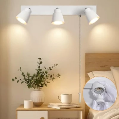 Image of TaFiCo 3 Way White Wall Lights with Pull Cord Switch GU10 Modern Light 350 Rotatable Indoor Sconce for Bedroom Bedside Living Room Kitchen Desk Bulb Not Included