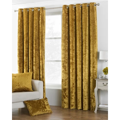 Image of Paoletti Verona Crushed Velvet Look Eyelet Curtains in Ochre Yellow Size 229 cm x 183