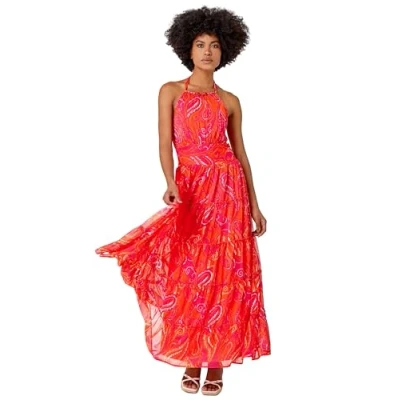 Image of Roman Women Halterneck Maxi Dress Ladies Halter Neckline Spring Everyday Summer Holiday Sleeveless Soft Tie Waist Detail Keyhole Neck Gown Vacation Frocks Pink Orange Size 20
