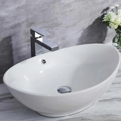Image of 590mm Cloakroom Basin Ceramic Bathroom Sink Hand Wash Basin, Modern Oval Gloss White Countertop Overflow Vessel Bowl for Lavatory, Vanity Cabinet