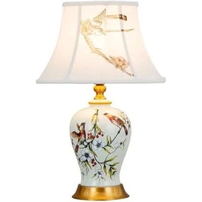 Image of HTsilphelene Ceramic Bedside Lamps,Table Lamps White Fabric Shade European Bird Painting Nightstand Light for Living Room, Bedroom, Office Desk Lamp (Whtie)