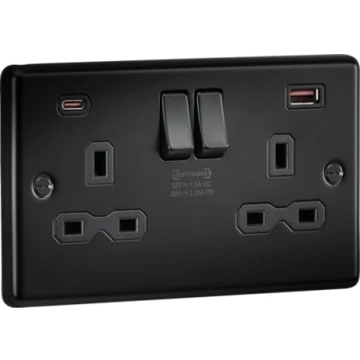 Image of KnightsBridge 13A 2G DP Switched Socket with Dual USB A+C [45W FASTCHARGE] Matt Black