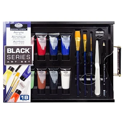 Image of 18 Piece Acrylic Art Set 22ml Paint Artist Brushes Palette &amp; Paints in Wooden Gift Box