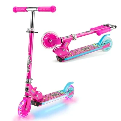Image of Xootz Wild Rider Light Up LED Scooter Pink Leopard Folding with Deck, and Blue, for Kids Ages 5+