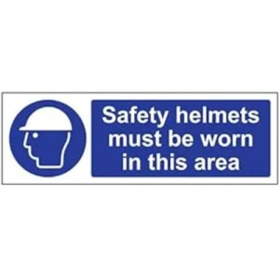 Image of V Safety Helmets Must Be Worn In This Area PPE Sign 300mm x 100mm 1mm Rigid Plastic