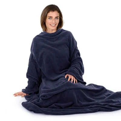 Image of Autumn Faith Snuggle Blanket With Sleeves Wrap Around Dark Navy (No Pattern)