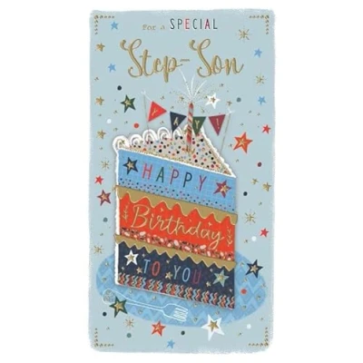 Image of ICG &#039;Special Step Son&#039; Birthday Card Colourful Cake &amp; Stars with Embossed Foil Details Made in the UK