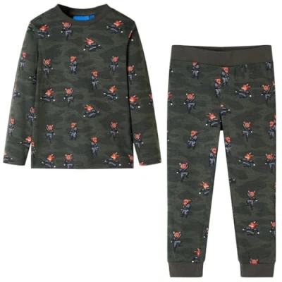 Image of vidaXL Kids&#039; Pyjamas Set with Long Sleeves, Fox Ninja Print Design, 100% Cotton, Elasticated Waistband, Khaki Colour, Size 116 for 5 6 Years Old