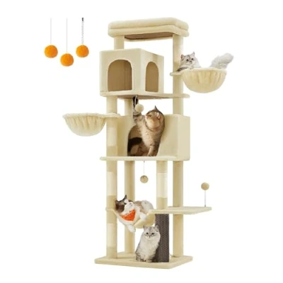 Image of Feandrea Large Cat Tree, 175 cm Tall Tower, Multi Level Condo with 2 Caves, Baskets, 5 Scratching Posts, Self Groomer, Perch, Hammock, for Indoor Cats, Sand Beige PCT182Y01