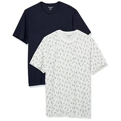 Image of Amazon Essentials Men&#039;s T Shirt Regular Fit Short Sleeve Crewneck Pocket, Pack of 2, Grey Boat Print/Navy, XS