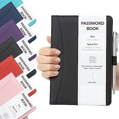 Image of Password Book Alphabetical with Tabs A Z Index Hardback for Internet Website Address Contacts Organizer Pen (13cm x 19cm, Black)