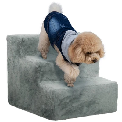 Image of PawHut Dog Steps for Sofa, 3 Stairs, Pet with Washable Plush Cover, Small Dogs, Cats Light Grey