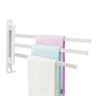Image of Pcscevcr Swivel Towel Rail, Stainless Steel Wall Mounted Rack Holder with Hooks, Simple Bars, for Kitchen Bathroom Toilet(White,3 Rail)