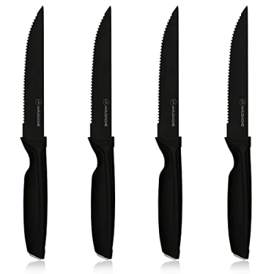 Image of AMUSHOME Steak Knives Set of 4 I Stainless Steel Knife with Sharp Serrated Edge &amp; Ergonomic Non Slip Handle, Rust Proof Scratch Resistant