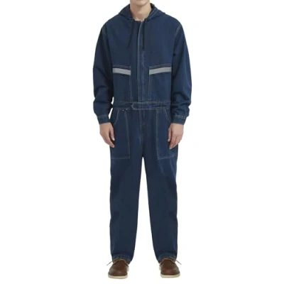 Image of Yukirtiq Men&#039;s Work Zip Coveralls Hooded Denim Blue Mechanics Boilersuit Heavy Duty Overalls with Reflective Tape