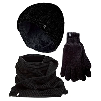 Image of HEAT HOLDERS Mens Knitted Beanie Hat Scarf Gloves Set Luxury Soft Fleece Lined Winter for Cold Weather (S M, Black)