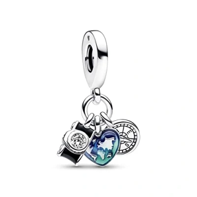Image of Pandora Moments Camera, heart and compass sterling silver triple dangle with clear cubic zirconia, black, transparent blue green enamel
