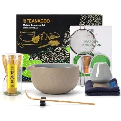 Image of Japanese Tea Set (7pcs) Matcha Whisk Bowl with Pouring Spout Bamboo (Chasen) Scoop (chashaku) Holder Making Kit. N2, Darker Grey, Green Powder