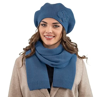 Image of Vivisence Elegant Women&#039;s Winter Set Including Classic Beret with Floral Decoration and Matching Long Warm Wool Scarf Ideal for Cold Autumn Days, Blue,UNI