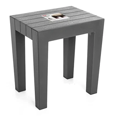 Image of Tatay Lombok Rectangular Bench, Polypropylene, BPA Free, Wood Effect, Anti UVA protection, Max 130KG, suitable for indoor and outdoor, Gray. Dimensions 38x29x41cm