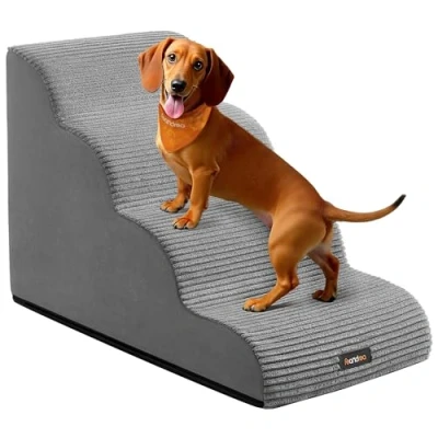 Image of Feandrea 4 Step Dog Stairs, Steps for Bed, Sofa, Waterproof Pet Stairs with Anti Slip Designs, Gentle Slope, Removable Washable Cover, Handle, Dove Grey PPS004G01