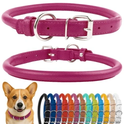 Image of CollarDirect Rolled Leather Dog Collar, Soft Padded Round Puppy Handmade Genuine Collar Small Large Cat Collars Black Pink Red Purple Blue (Fits 12&quot; 15&quot; Neck, Pink)