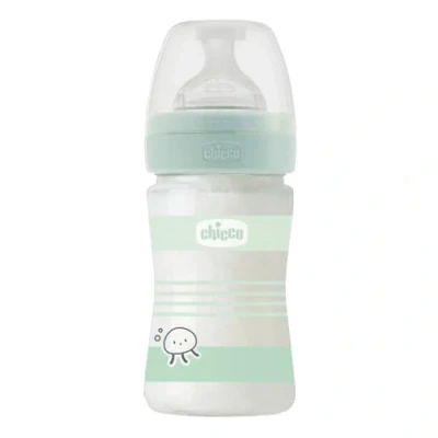 Image of CHICCO Wellness Bottle Slow Flow with Physio Teat in Soft Silicone and Sense Finish, Anti Colic, Reduces Regurgitation Irritability, Glass 150 ml, 0 Months+ Neutral
