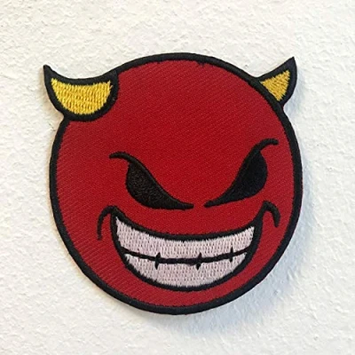 Image of Devil Emoji with Smiley and Horn Badge Iron on Sew Embroidered Patch