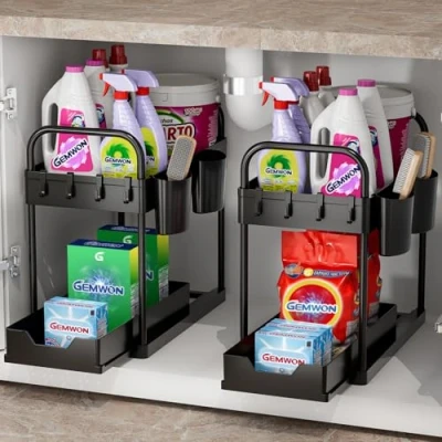 Image of GEMWON Under Sink Storage Kitchen Organiser, 2 Tier Sliding shelf, Multi Purpose Organisation for Bathroom, Bottom Slide Out Basket Black 2Piece