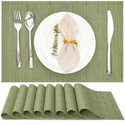 Image of Myir JUN Table Mats Set of 8, Place Placemats Washable Non slip Heat Insulation Woven Vinyl for Kitchen Dinning Restaurant 18&quot;X12&quot; (Green)