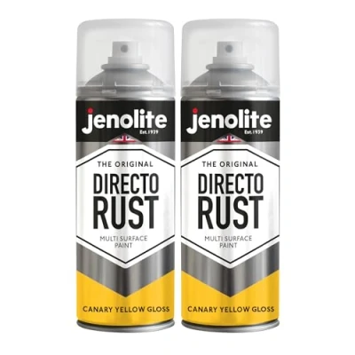 Image of JENOLITE Directorust Gloss Spray Paint CANARY YELLOW 2 x 400ml Direct To Rust For Metal Multi Surface Wood, Metal, Plastic, Ceramic RAL 1018