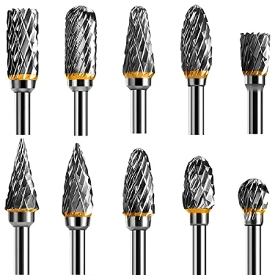 Image of Tungsten Carbide Steel Double Cut Rotary Burrs Set for Tool, 10pcs 1/8 inches Shank Fits Tool Grinder Drill, DIY WoodWorking Carving, Metal Polishing, Engraving, Drilling