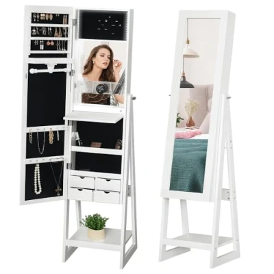 Image of HOMCOM Jewellery Cabinet, Standing Mirror with LED Lights, Full Length Storage Drawers, Hooks and Shelves, Make Up Armoire, Organiser for Bedroom, White