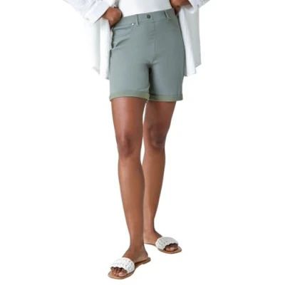 Image of Roman Originals Stretch Shorts for Women UK 14CM Ladies Turned Hem Bengaline Casual Cropped Pants Chino Capri Slim Fit Above The Knee Turn Up Bermuda Summer Crops Everyday Khaki Size 20