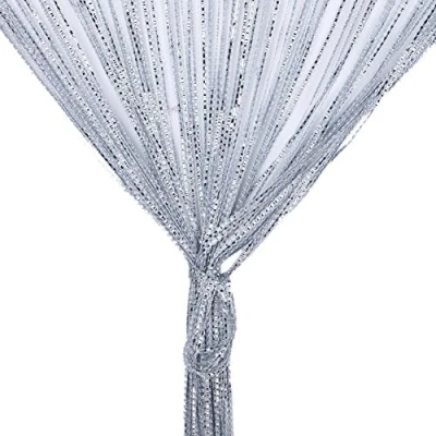 Image of String Curtain Panel, Glitter Door Wall Window Doorways Panel Fly Screen Fringe Room Divider Blinds, Decorative Tassel Ribbon Strip Silver for Living room, Bedroom, Party Events (Grey)