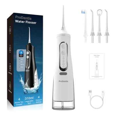 Image of ProDentis Water Dental Flosser for Teeth Cordless, Oral Irrigator 310 ML 4 Jet Tips, IPX7 Rechargable Braces Pick Travel Home Use