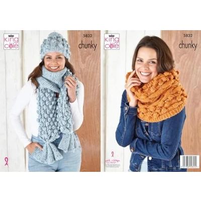 Image of King Cole Ladies Chunky Knitting Pattern Womens Scarf Hat &amp; Snood (5832), Multi, One Size