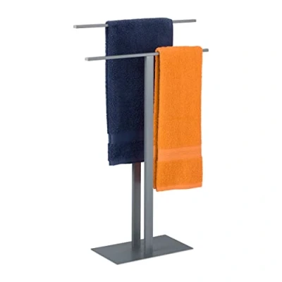 Image of Relaxdays Freestanding Towel Stand with Two Rails, No Drill Rack, Modern &amp; Simple Design, 82 x 50 19 cm; Iron, Grey