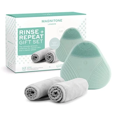 Image of MAGNITONE Rinse + Repeat Gift Set XOXO Silicone Facial Cleansing Brush WipeOut Microfibre Cloths Makeup Removal, Cleanse, Brighten and Soften Skin, 100% Waterproof, USB Rechargeable