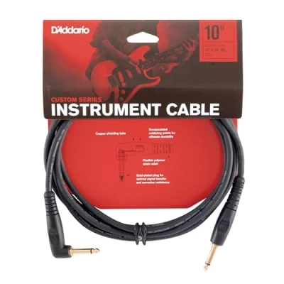 Image of D’Addario Accessories Custom Series Guitar Cables Instrument Cable with ¼ Inch Ends High Performance Cord For Guitars, Bass, Keyboards Mono Right Angle, 10 feet