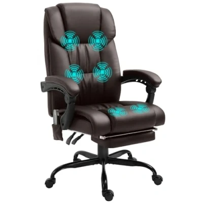Image of Vinsetto 6 Point Massage Office Chair, PU Leather Desk Chair with Adjustable Height and Footrest for Home Office, Brown
