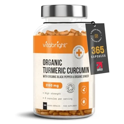 Image of High Strength Turmeric &amp; Black Pepper Capsules 2160mg, 365 Caps/4 Months, Organic Ginger Capsules, Curcumin (Not Tablets) VitaBright Tumeric Supplement Joints