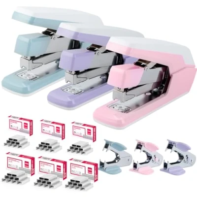 Image of Deli Stapler, Effortless Staplers for Desk, 40 50 Sheet Capacity Heavy Duty One Touch, No Effort, Easy to Load, Stapler with 1500 Staples &amp; Staple Remover, 3 Pack, Colors