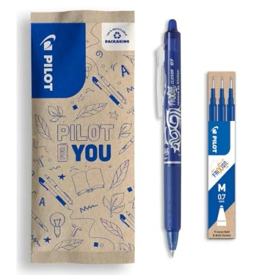 Image of PILOT Set of 1 Frixion Ball Clicker + 3 refills Erasable retractable pen with heat sensitive ink Refillable and ergonomic rollerball Blue Medium tip