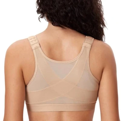 Image of Delimira Women&#039;s Front Fastening Bras Non Wired Posture Correcting Back Support Post Surgery Bra Plus Size Comfort Cashew 36F
