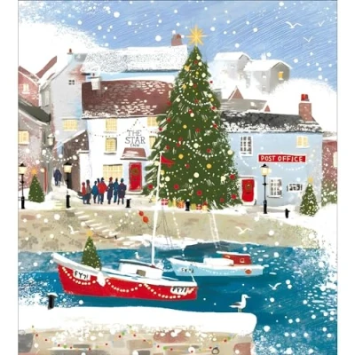 Image of Charity Christmas Cards Supporting Age UK, British Heart Foundation, Marie Curie and Mind Pack of 5 Winter Harbour Boats Made in the UK Eco Friendly
