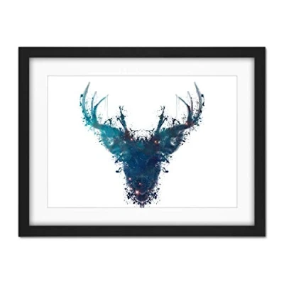 Image of Wee Blue Coo Ink Splat Deer Stag Artwork Framed Wall Art Print 18X24 Inch